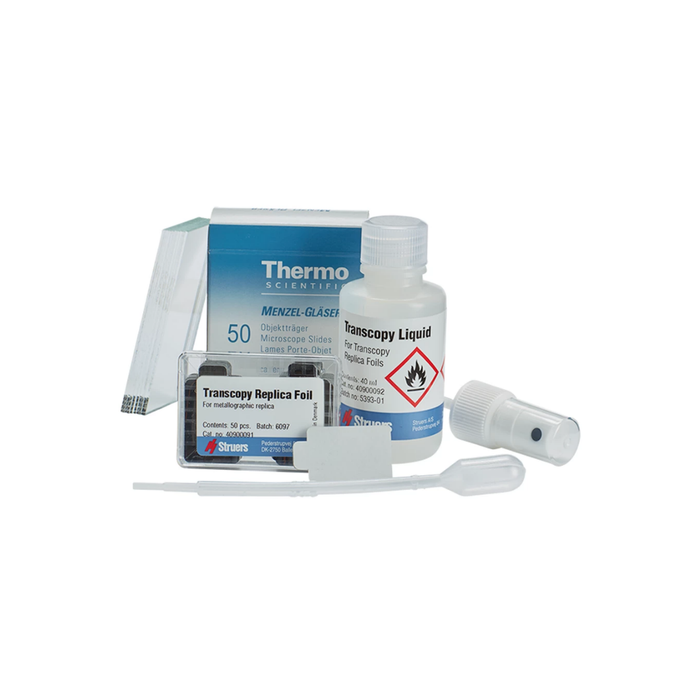 Kit de transcopia, 50 uds. Láminas de réplica de 20 x 30 mm, líquido de 40 ml, boquilla rociadora, pipeta y portaobjetos de microscopio
